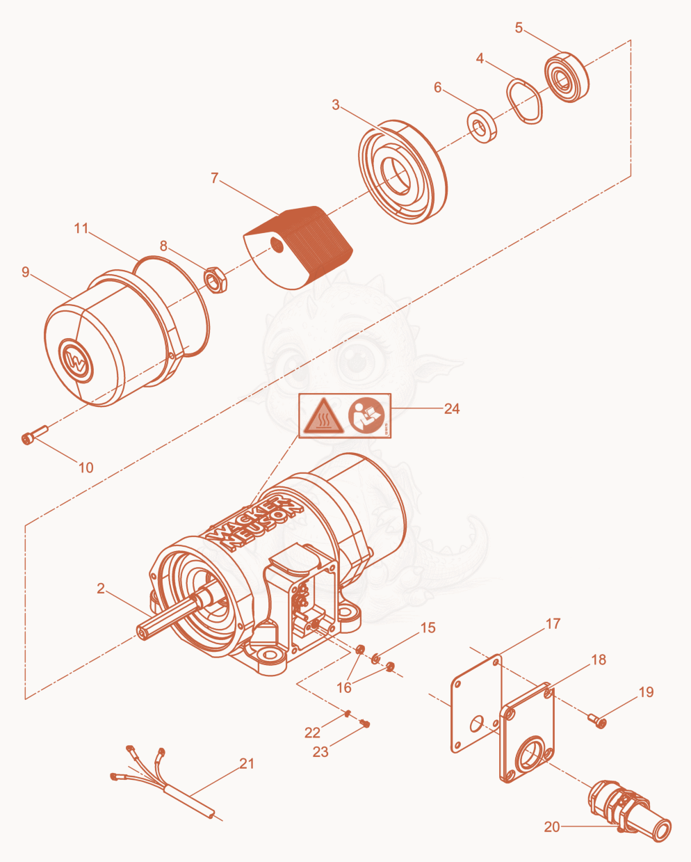Exploded parts diagram of the External Vibrator cpl. of a Wacker Neuson AR36/3,6/440, with numbered balloons