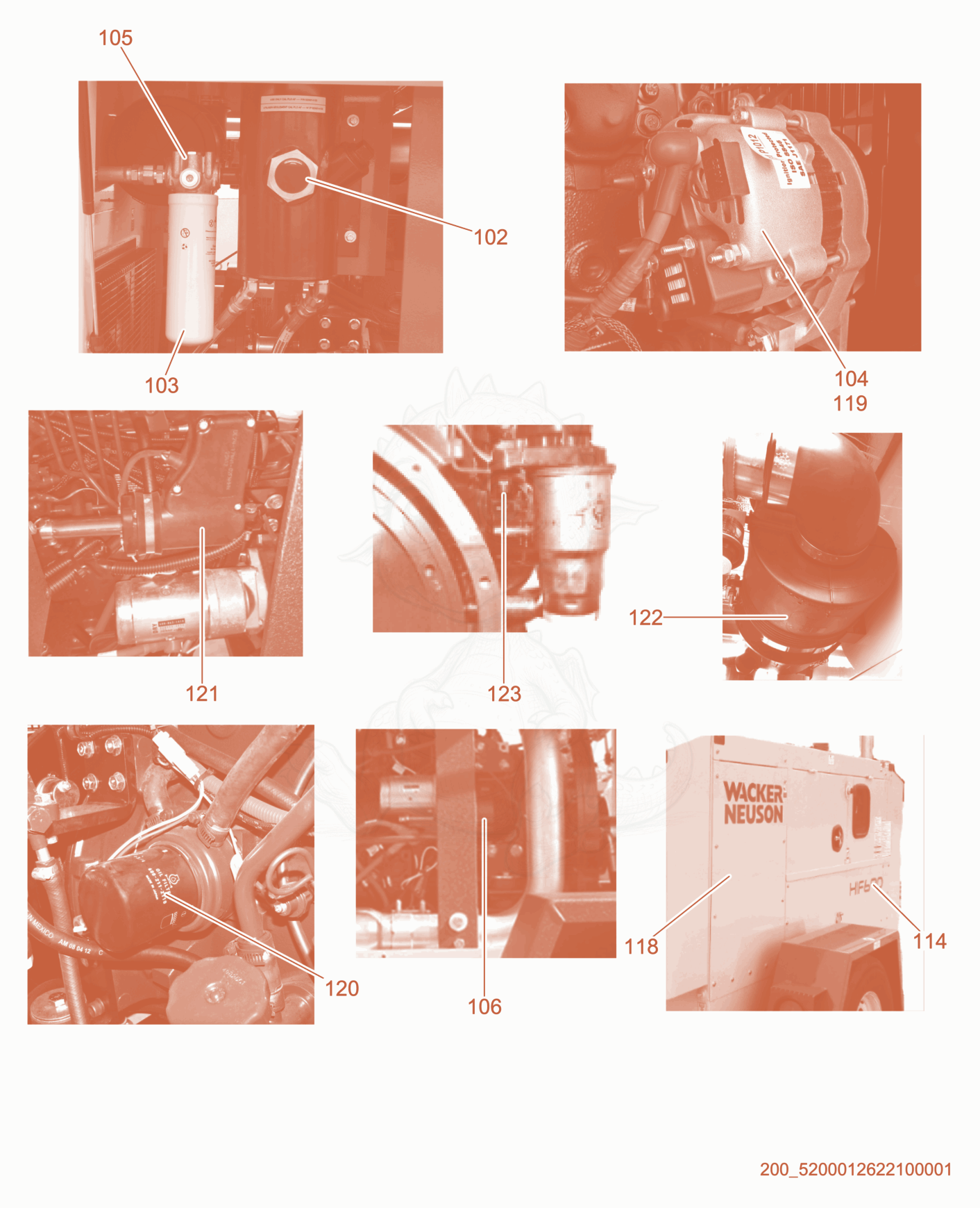 Exploded parts diagram of the Engine Components of a Wacker Neuson HIF690, with numbered balloons
