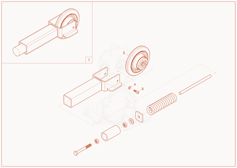 Exploded parts diagram of the track tensioner complete of a Wacker Neuson TD09, with numbered balloons