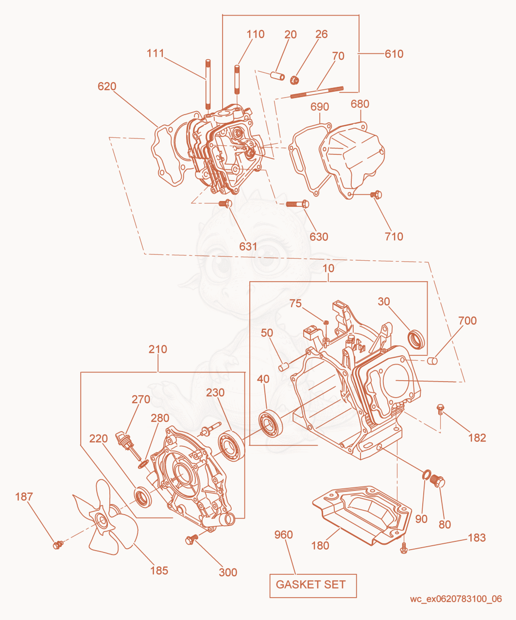 Exploded parts diagram of the Crankcase cpl. of a Wacker Neuson GPSI4300, with numbered balloons