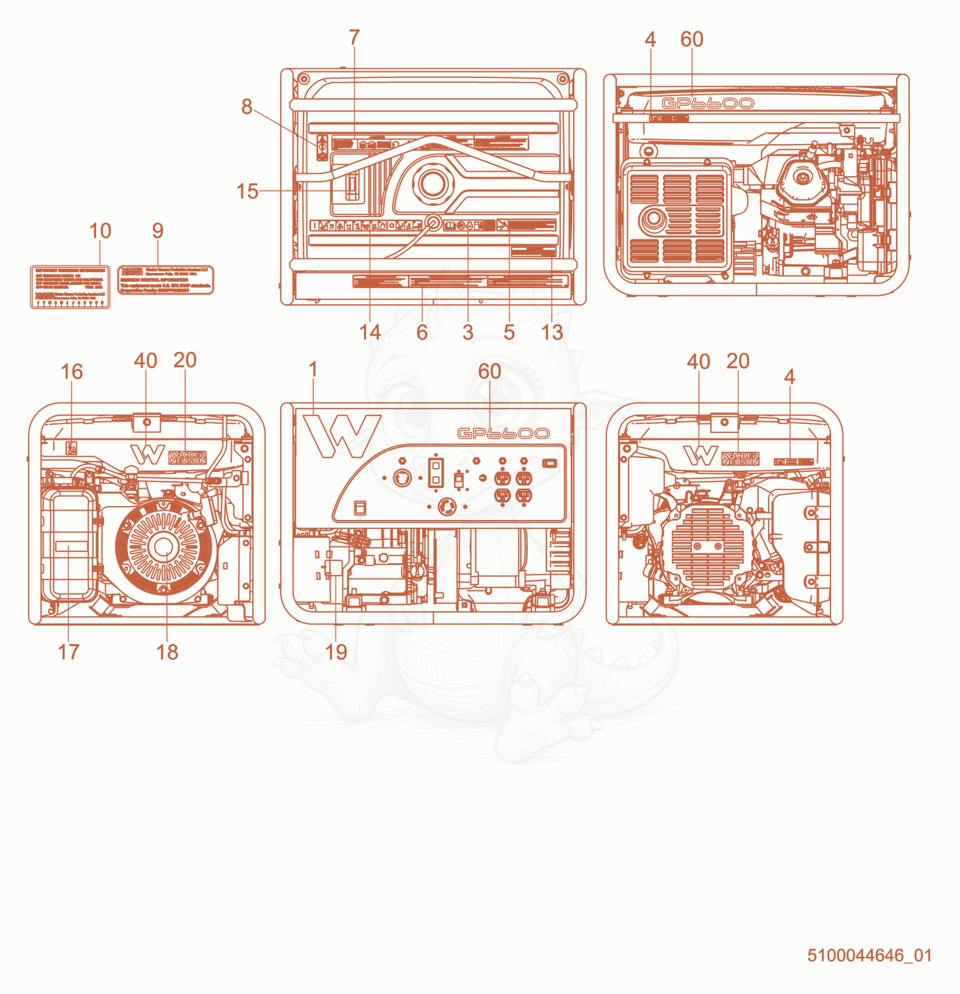 Exploded parts diagram of the Labels of a Wacker Neuson GP6600A, with numbered balloons