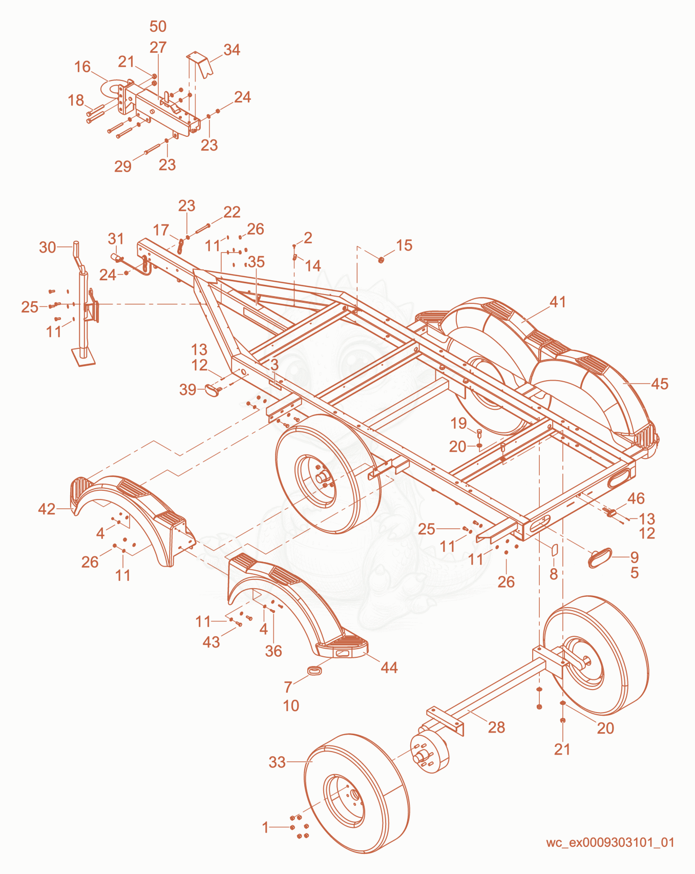 Exploded parts diagram of the Trailer Frame w/Surge Brake Tandem Axle of a Wacker Neuson G70, with numbered balloons
