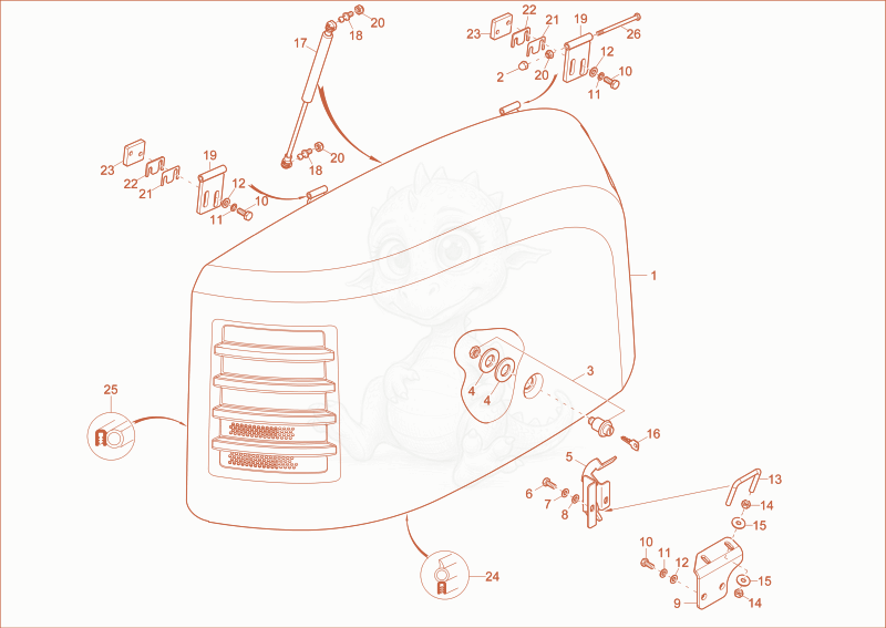 Exploded parts diagram of the engine hood of a Wacker Neuson EZ26, with numbered balloons