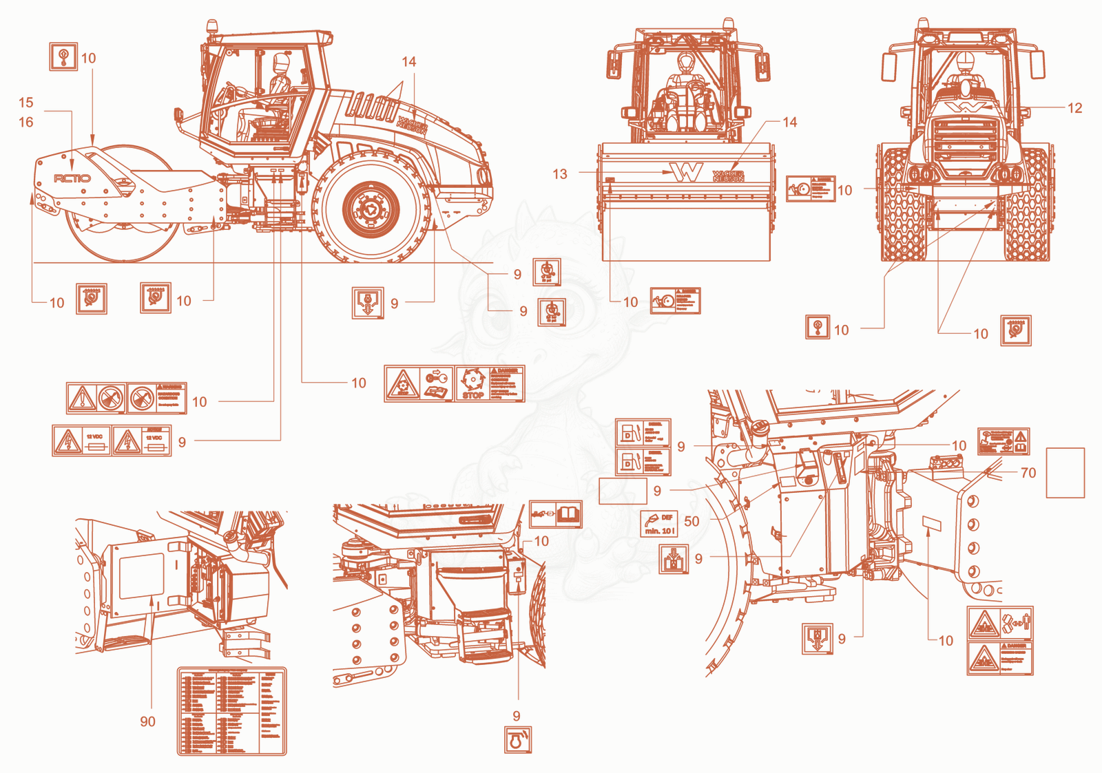 Exploded parts diagram of the sticker arrangement of a Wacker Neuson RC110PUSROPS, with numbered balloons