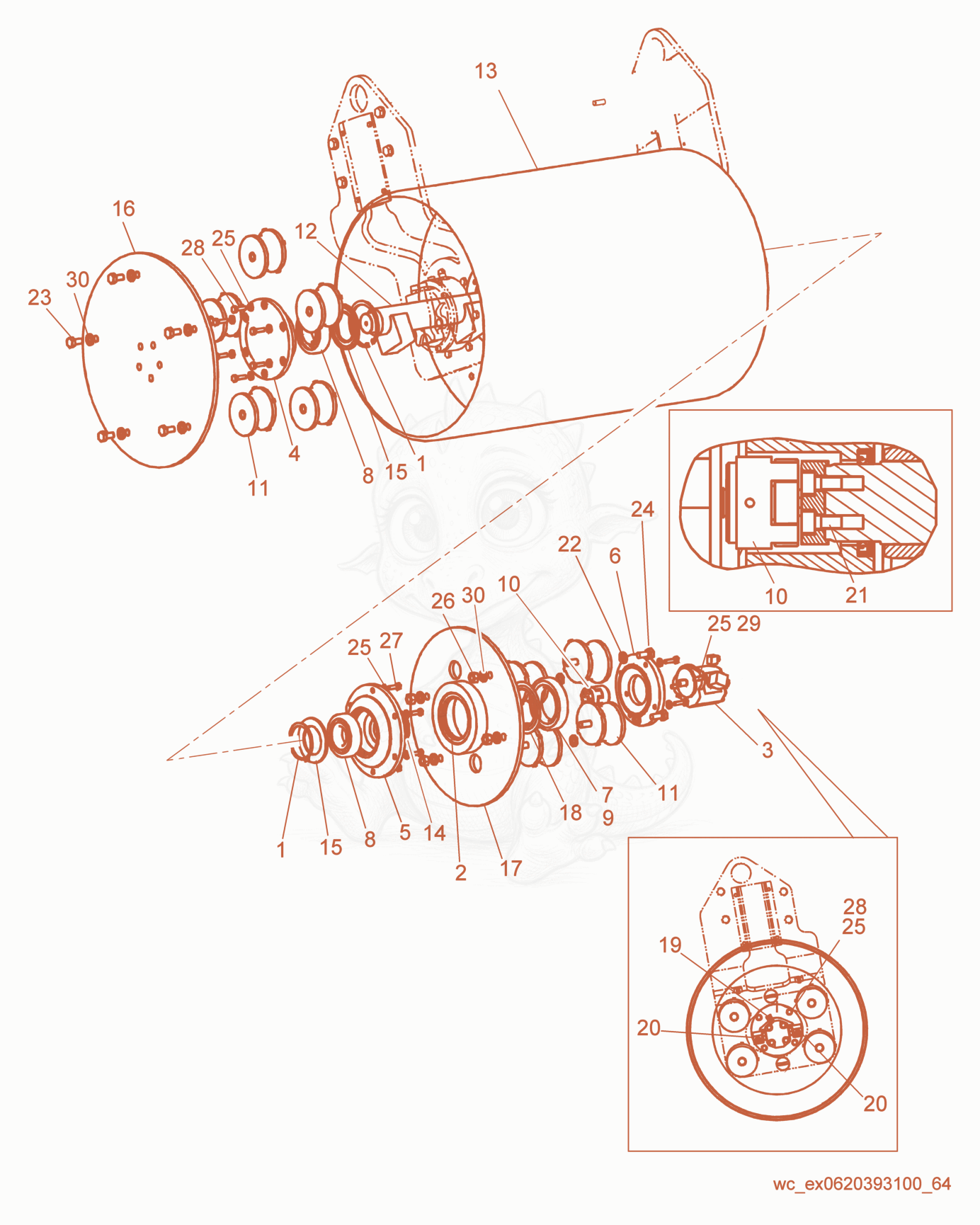 Exploded parts diagram of the Drum cpl. of a Wacker Neuson RD27-100, with numbered balloons