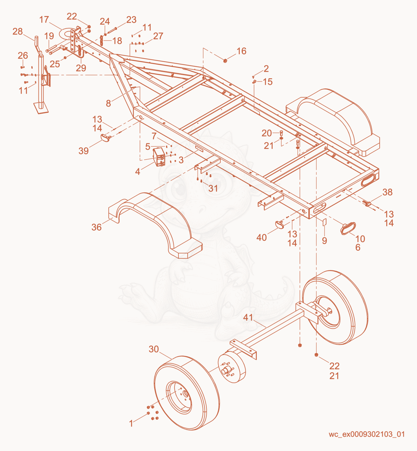 Exploded parts diagram of the Trailer Frame w/Electric Brake Single Axle of a Wacker Neuson G70, with numbered balloons