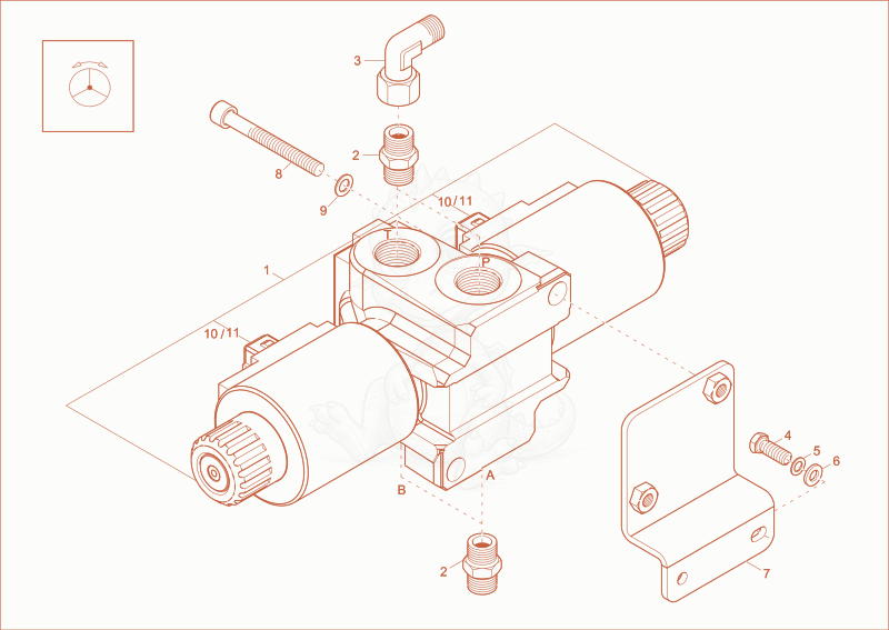 Exploded parts diagram of the change over valve (Option) of a Wacker Neuson EW100, with numbered balloons