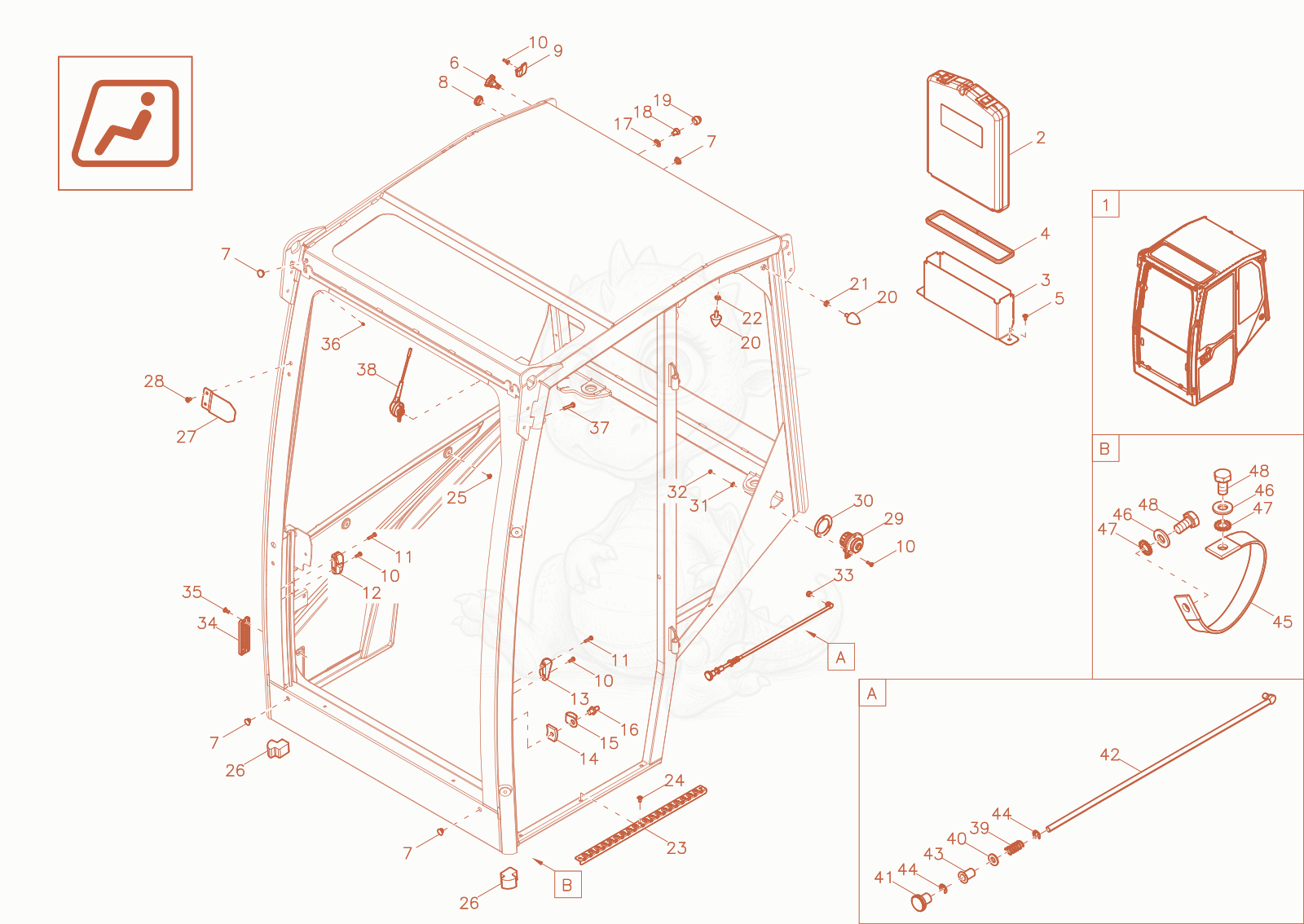 Exploded parts diagram of the CABIN FRAME of a Wacker Neuson ET20-2, with numbered balloons