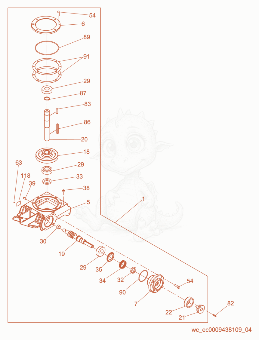 Exploded parts diagram of the Gearbox of a Wacker Neuson CT48-8AEU, with numbered balloons