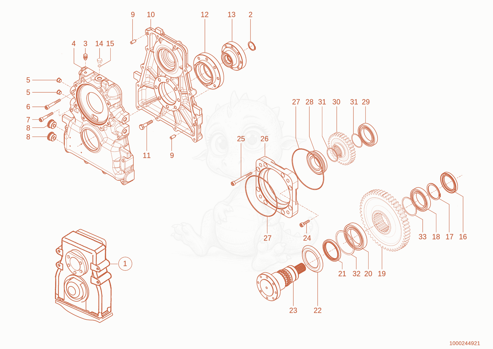 Exploded parts diagram of the gear box of a Wacker Neuson TH730(415-14), with numbered balloons