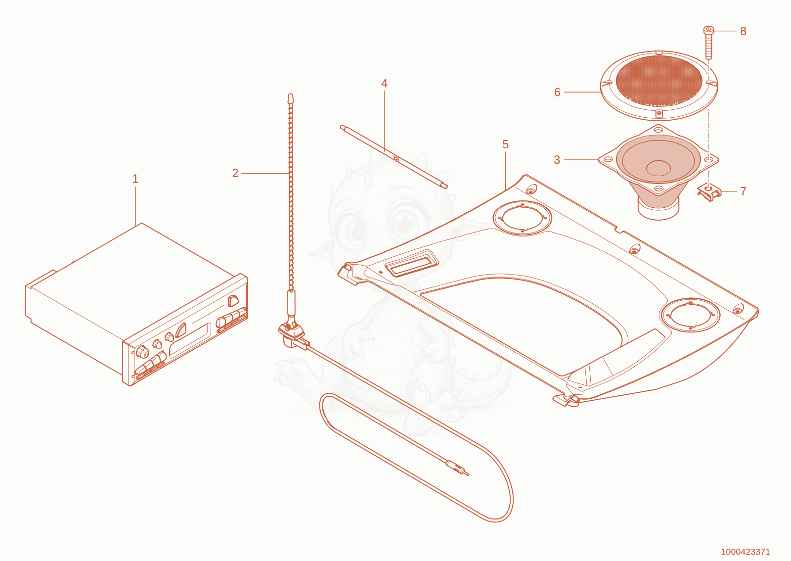 Exploded parts diagram of the radio of a Wacker Neuson TH955(416-36), with numbered balloons