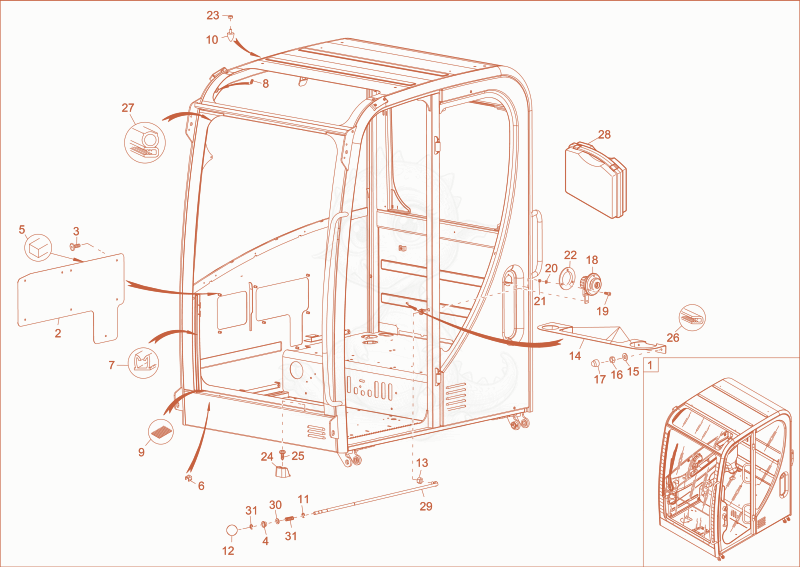 Exploded parts diagram of the CABIN FRAME 1 of a Wacker Neuson EZ53, with numbered balloons