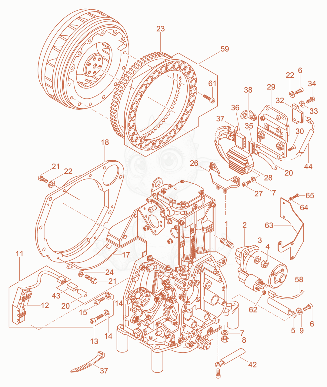 Exploded parts diagram of the Starter-Generator of a Wacker Neuson DPU6555HEHUS, with numbered balloons