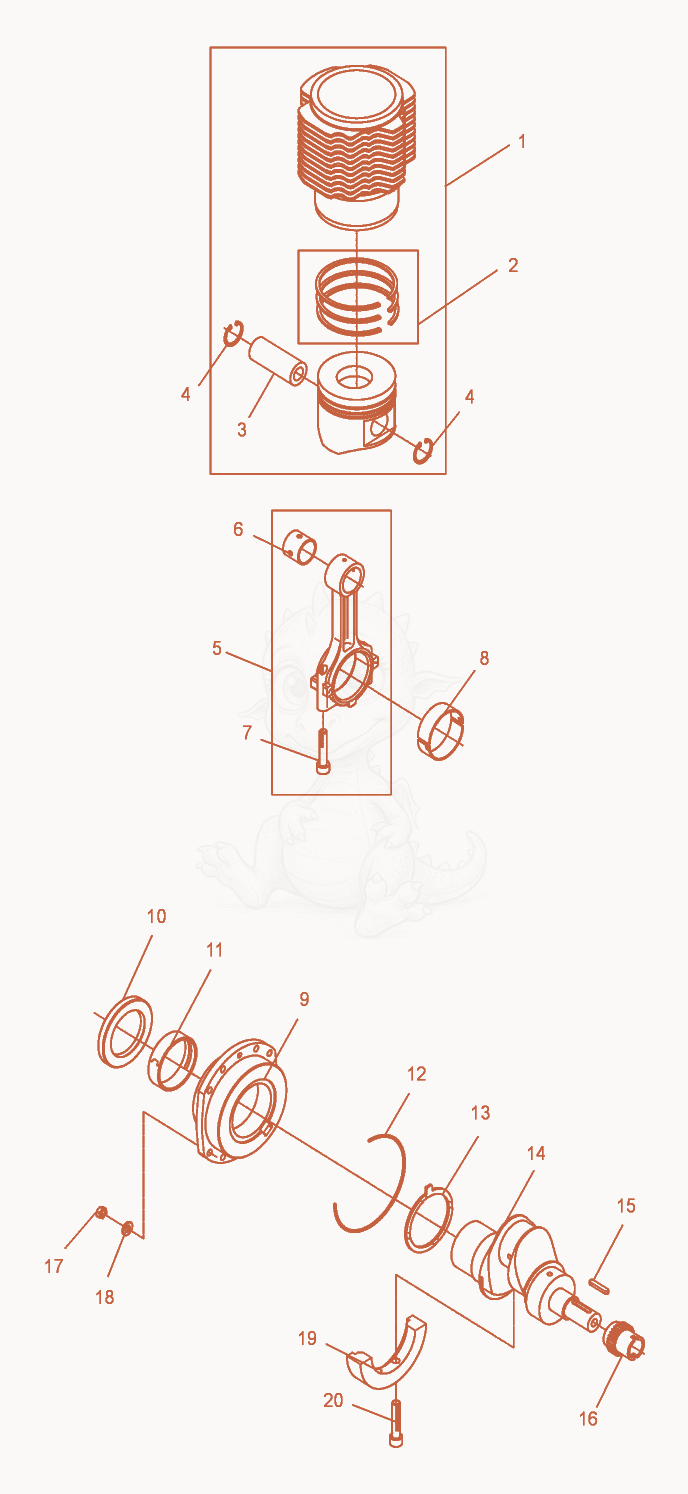 Exploded parts diagram of the Cylinder with Piston-Connecting Rod-Crankshaft of a Wacker Neuson DPU6055, with numbered balloons