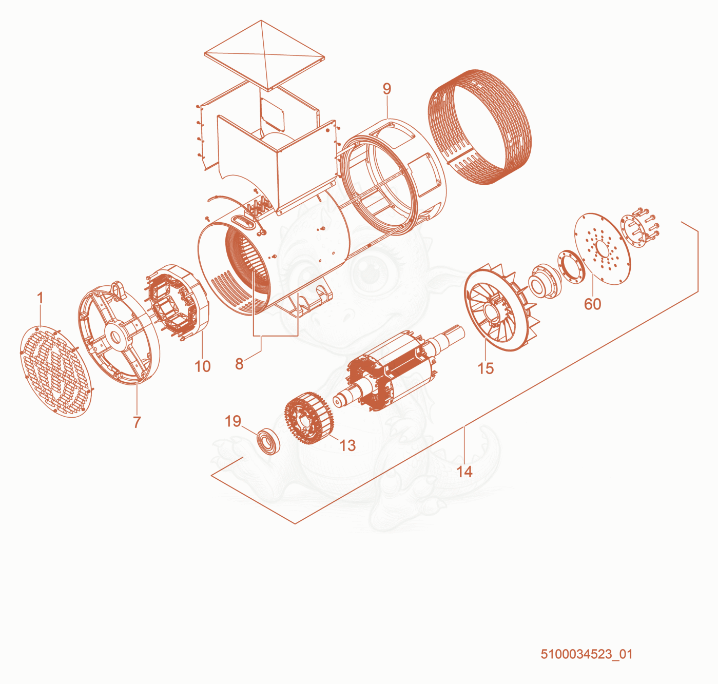 Exploded parts diagram of the Generator cpl. of a Wacker Neuson G100, with numbered balloons