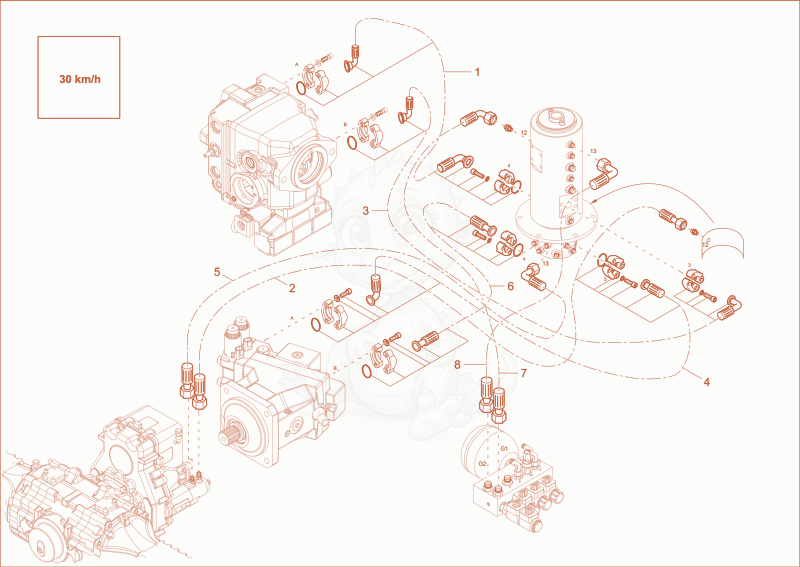 Exploded parts diagram of the Transmission 30km/h Installation of a Wacker Neuson EW65, with numbered balloons
