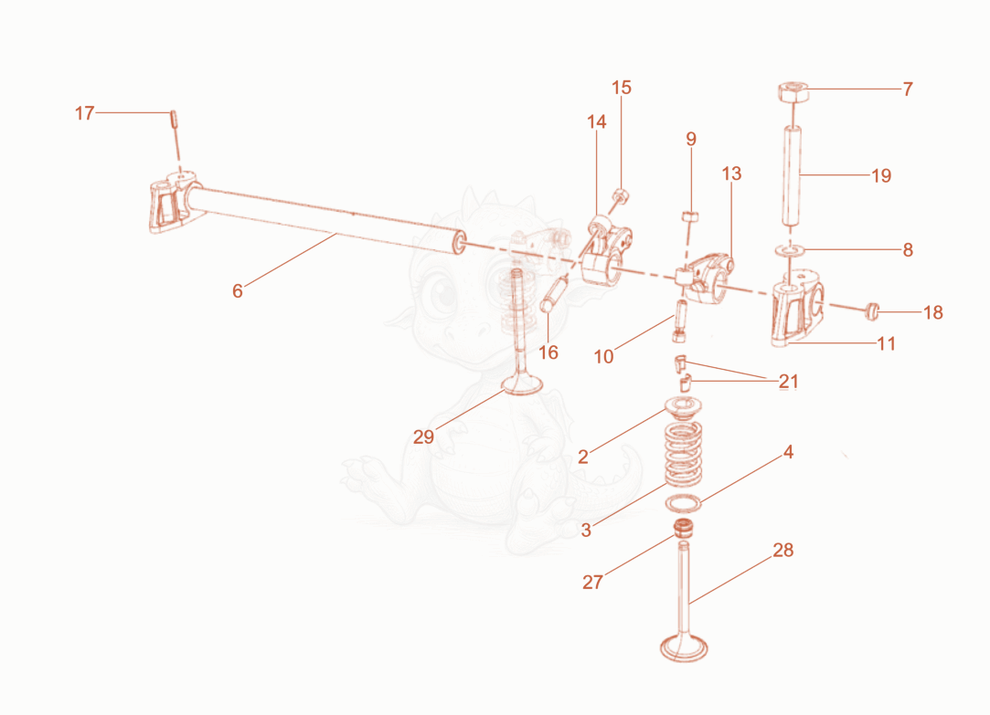 Exploded parts diagram of the Rocker Arms - Valves of a Wacker Neuson DPU110LEM970, with numbered balloons