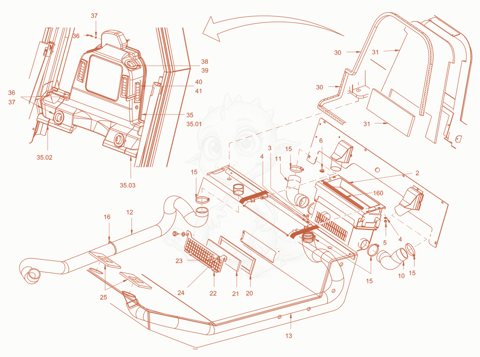Exploded parts diagram of the cabin-heating of a Wacker Neuson RC110PUSROPS, with numbered balloons