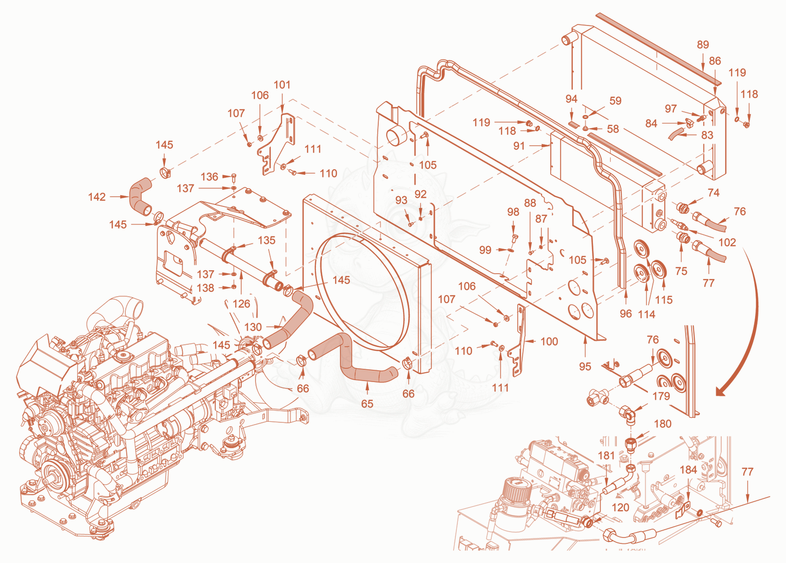 Exploded parts diagram of the cooling of a Wacker Neuson RD40-130C.3, with numbered balloons