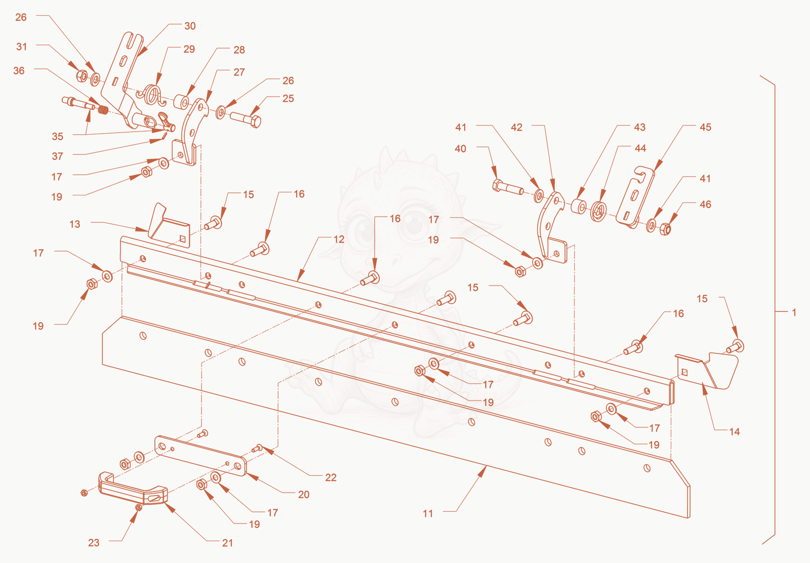 Exploded parts diagram of the scraper of a Wacker Neuson RD40-130O, with numbered balloons