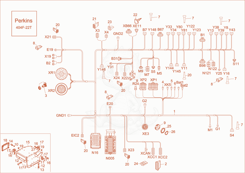 Exploded parts diagram of the WIRE HARNESS CHASSIS, ENGINE of a Wacker Neuson EW65, with numbered balloons