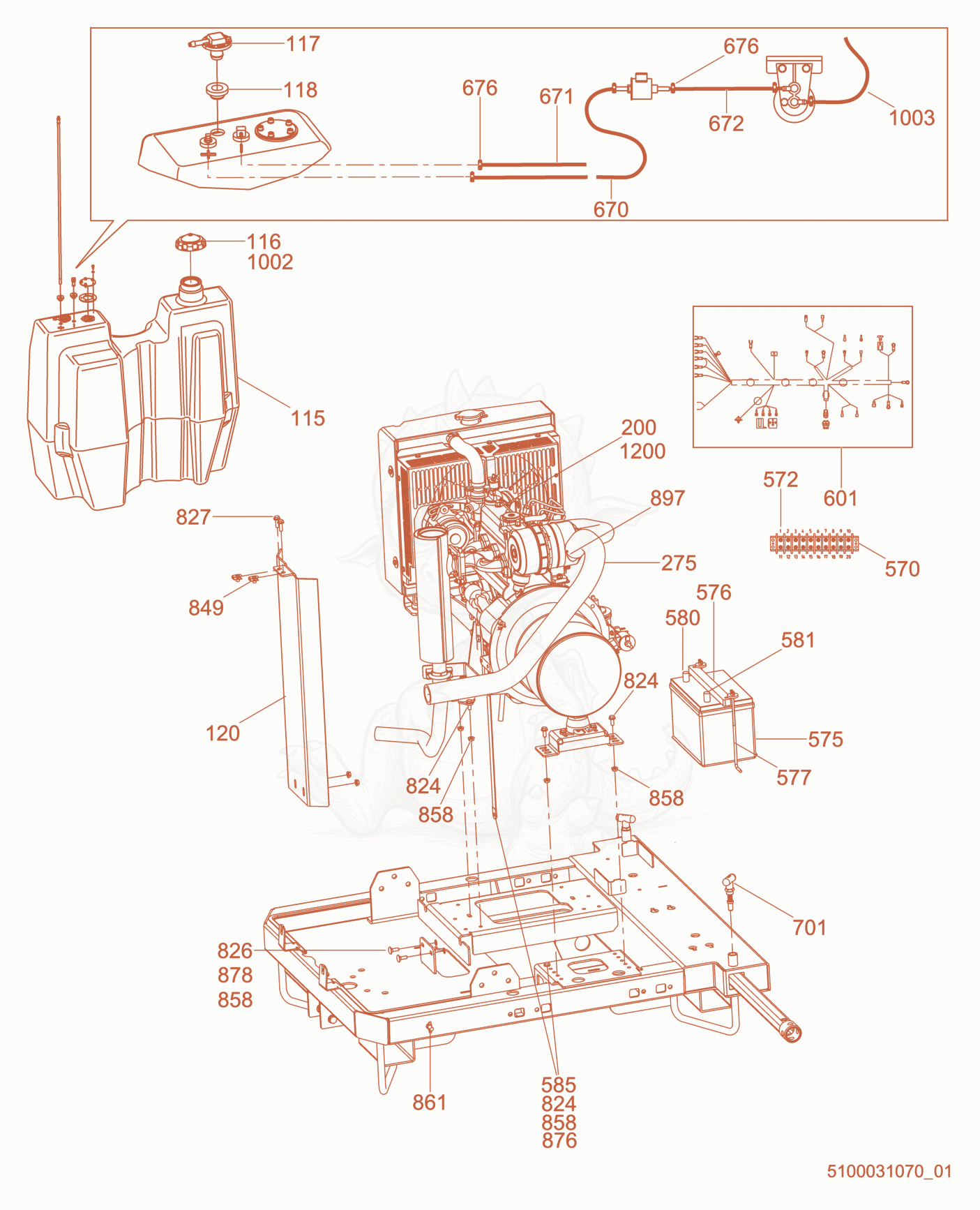 Exploded parts diagram of the Fuel Tank/Engine of a Wacker Neuson LTV6K, with numbered balloons