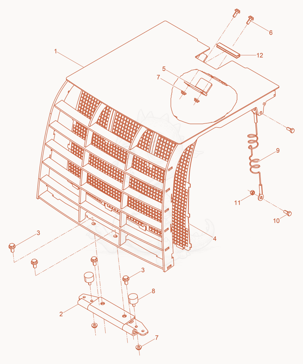Exploded parts diagram of the Bonnet front cpl. of a Wacker Neuson DPU110LEKC970, with numbered balloons