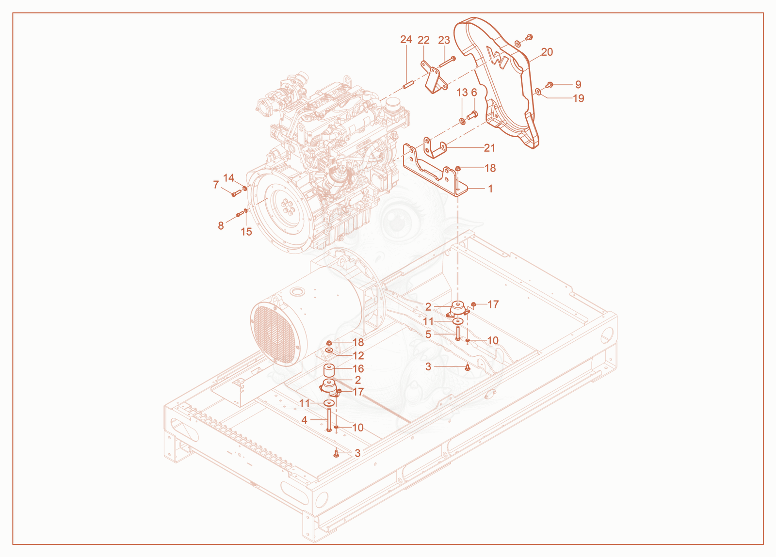 Exploded parts diagram of the Engine Bedding of a Wacker Neuson G35, with numbered balloons