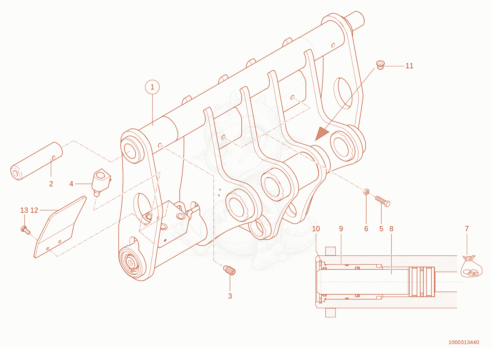 Exploded parts diagram of the quickhitch plate of a Wacker Neuson TH744(416-02), with numbered balloons