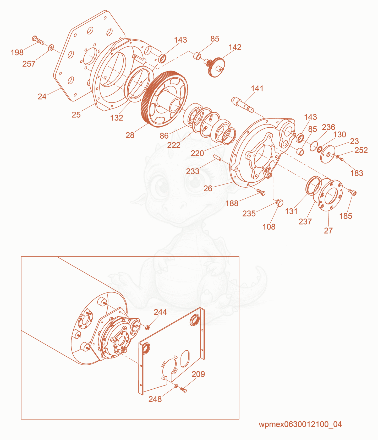 Despiece del Gearbox cpl. de una máquina Wacker Neuson RS800A, con globos numerados