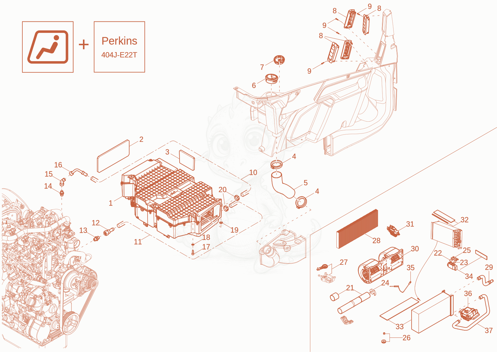 Exploded parts diagram of the heating (OPTION) of a Wacker Neuson ET65, with numbered balloons