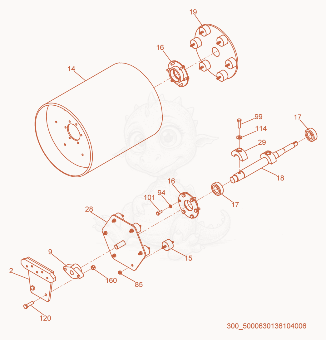 Despiece del Drum cpl. de una máquina Wacker Neuson RS600, con globos numerados
