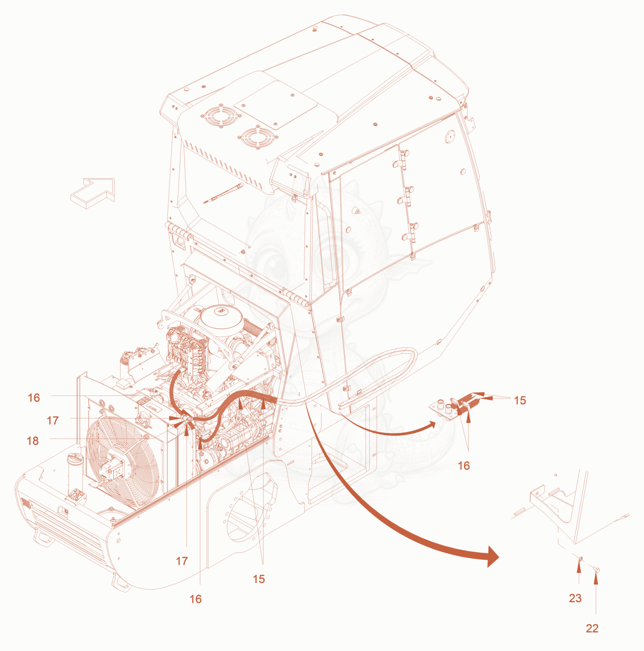 Exploded parts diagram of the cabin-heating of a Wacker Neuson RC50P, with numbered balloons
