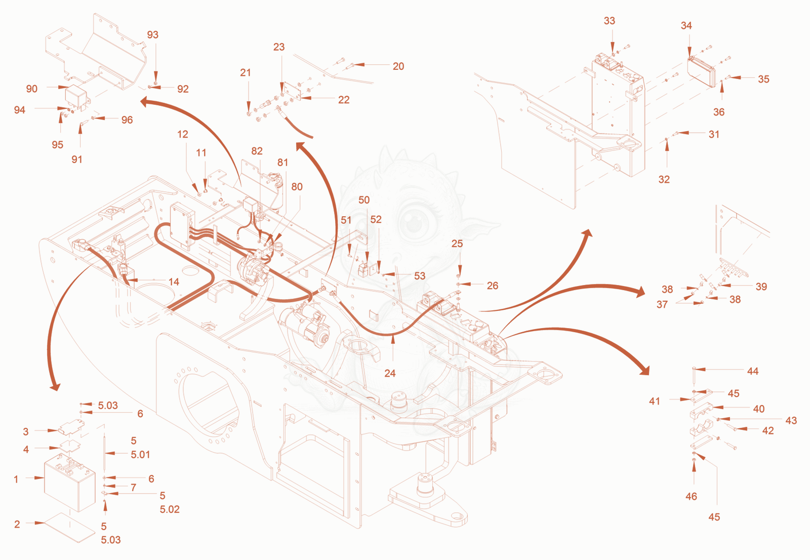 Exploded parts diagram of the electrical system of a Wacker Neuson RC70PUS, with numbered balloons