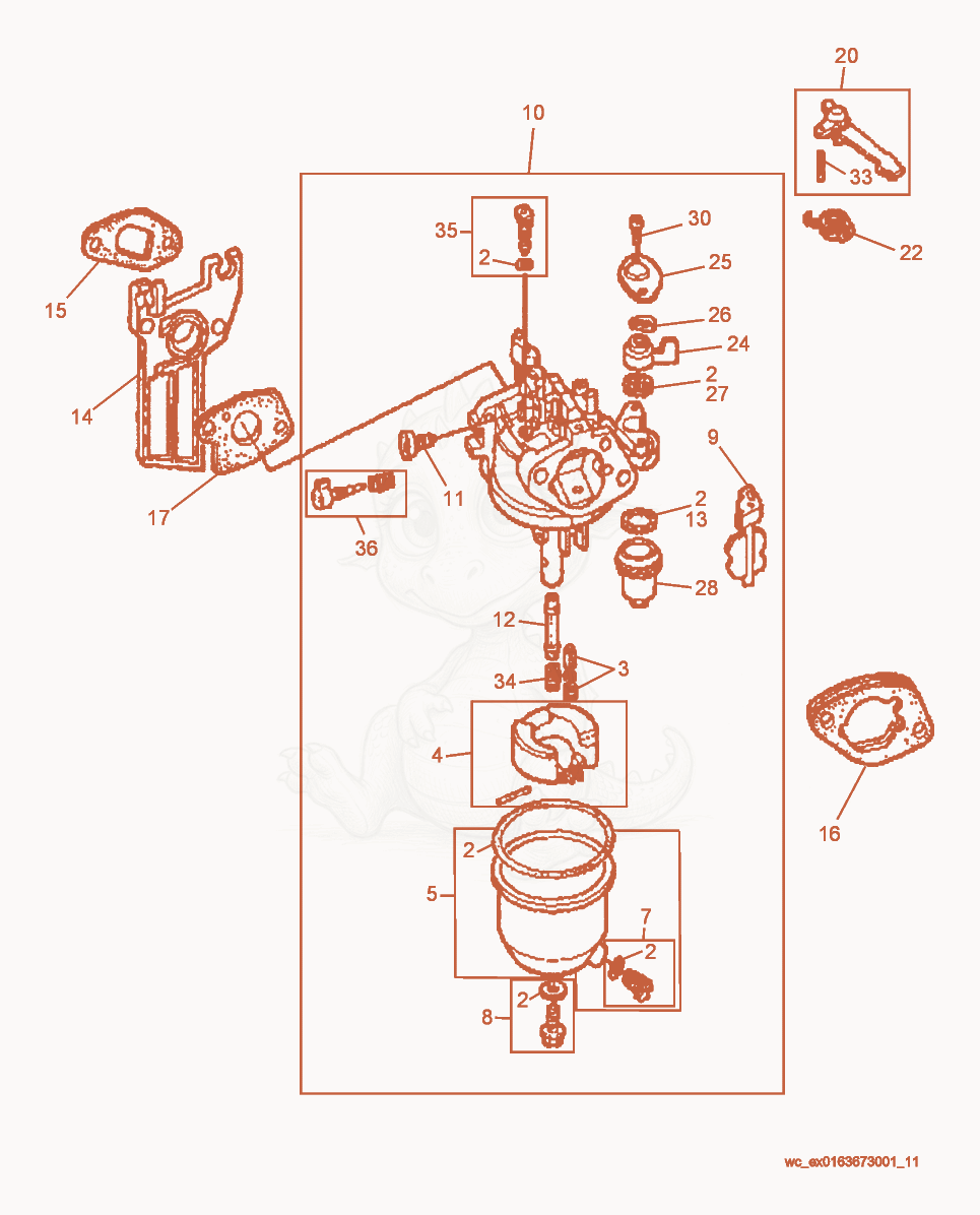 Exploded parts diagram of the Carburetor of a Wacker Neuson PG2A, with numbered balloons