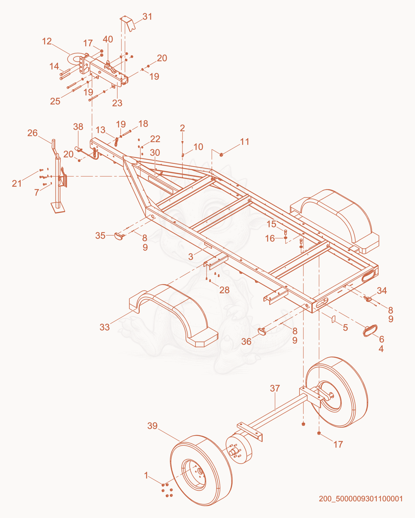 Exploded parts diagram of the Trailer Frame w/Surge Brake Single Axle of a Wacker Neuson G70, with numbered balloons