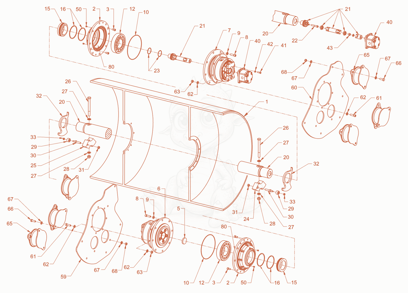 Exploded parts diagram of the smooth roller drum with vibrator of a Wacker Neuson RD45-140.3, with numbered balloons