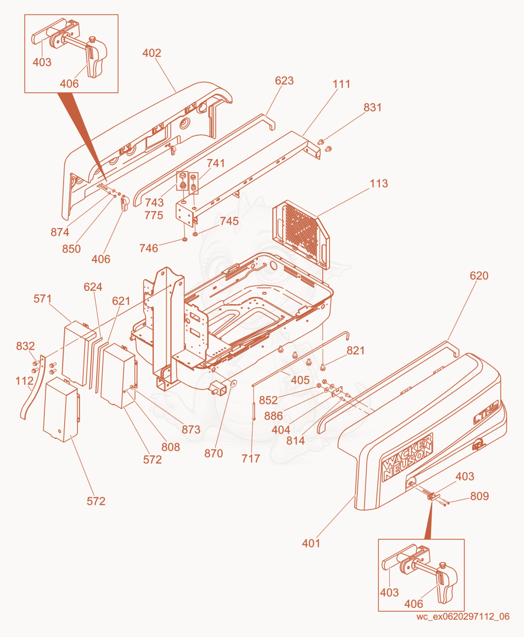 Exploded parts diagram of the Enclosure Panels of a Wacker Neuson LTN6L-P, with numbered balloons