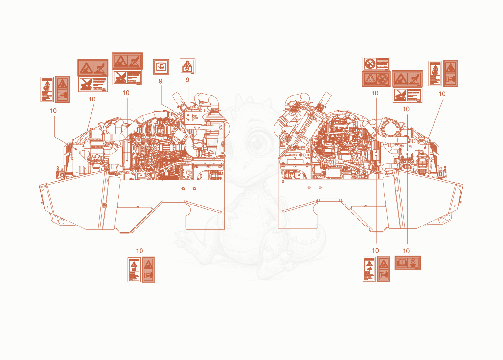 Exploded parts diagram of the sticker arrangement of a Wacker Neuson RC110CAB, with numbered balloons