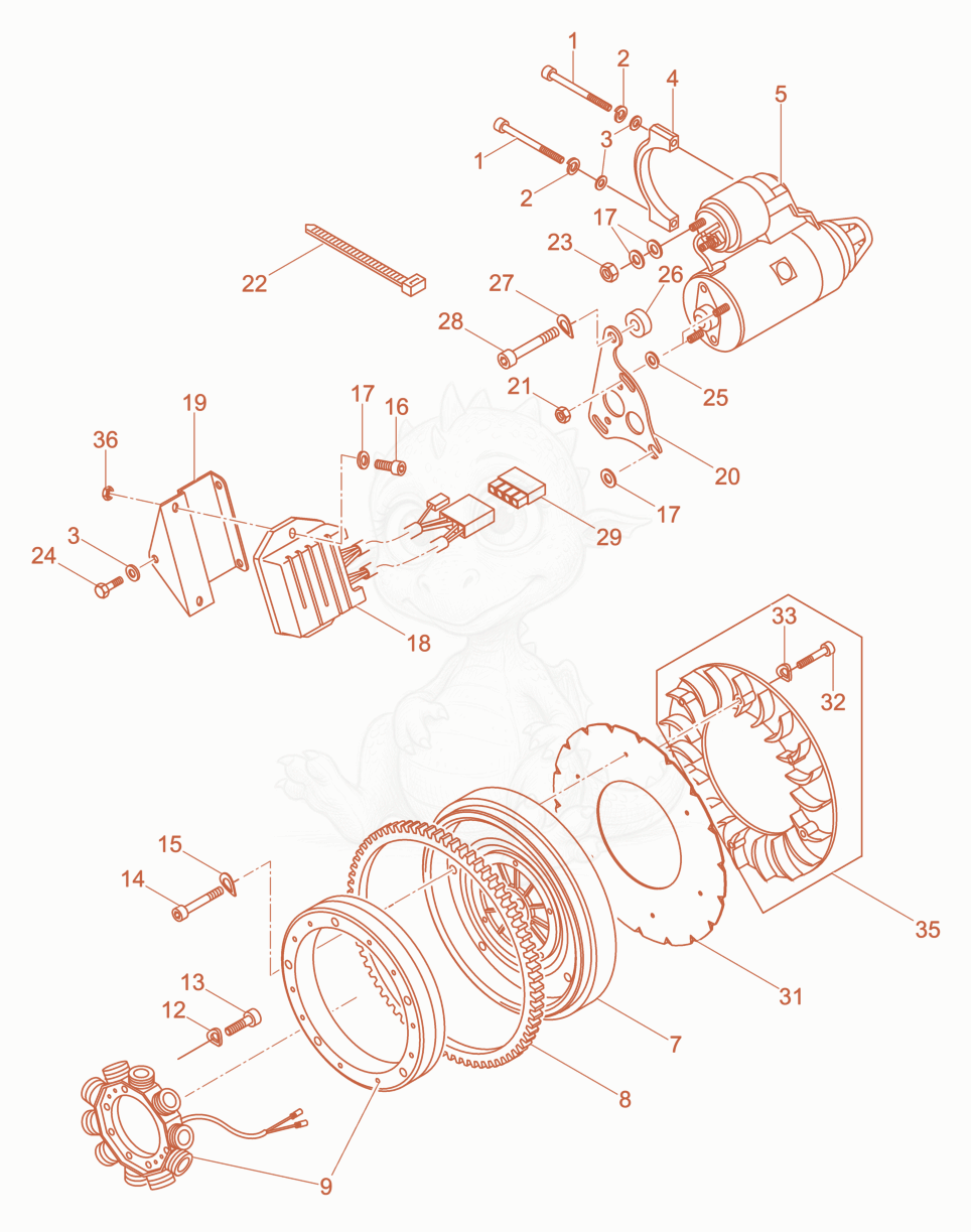 Despiece del Starter, alternator de una máquina Wacker Neuson DPU5260HP, con globos numerados