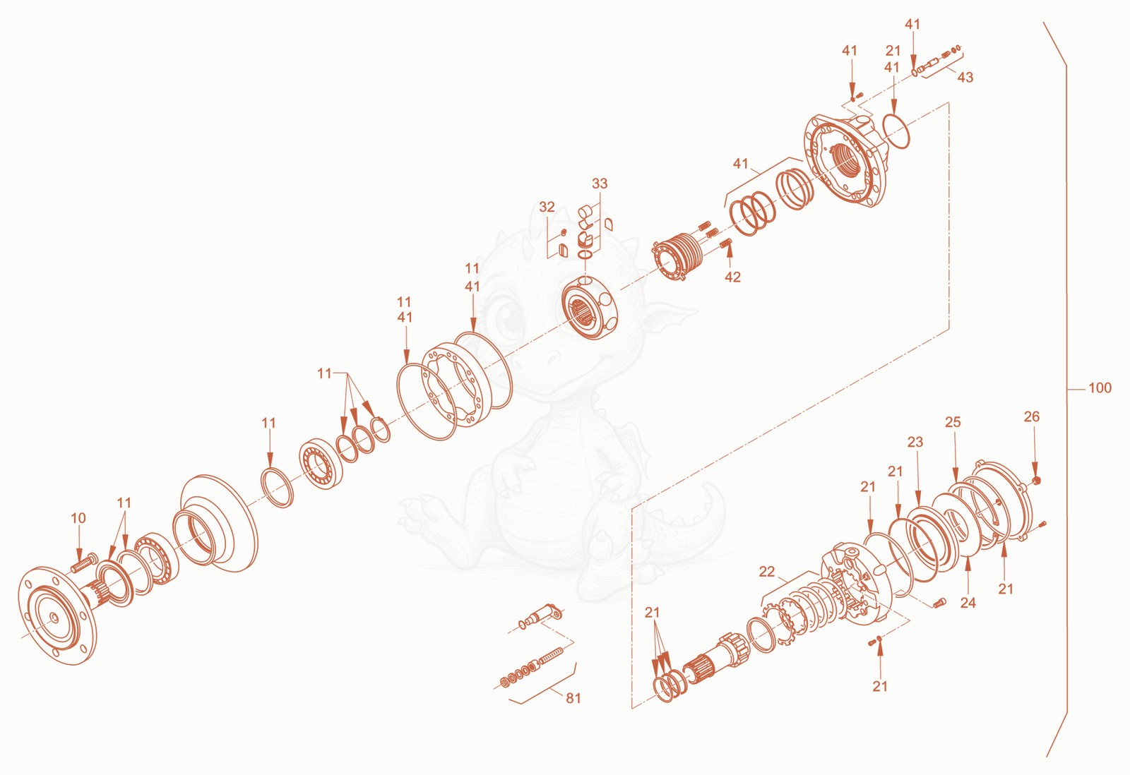 Exploded parts diagram of the gear hub motor of a Wacker Neuson RC70VOUS, with numbered balloons