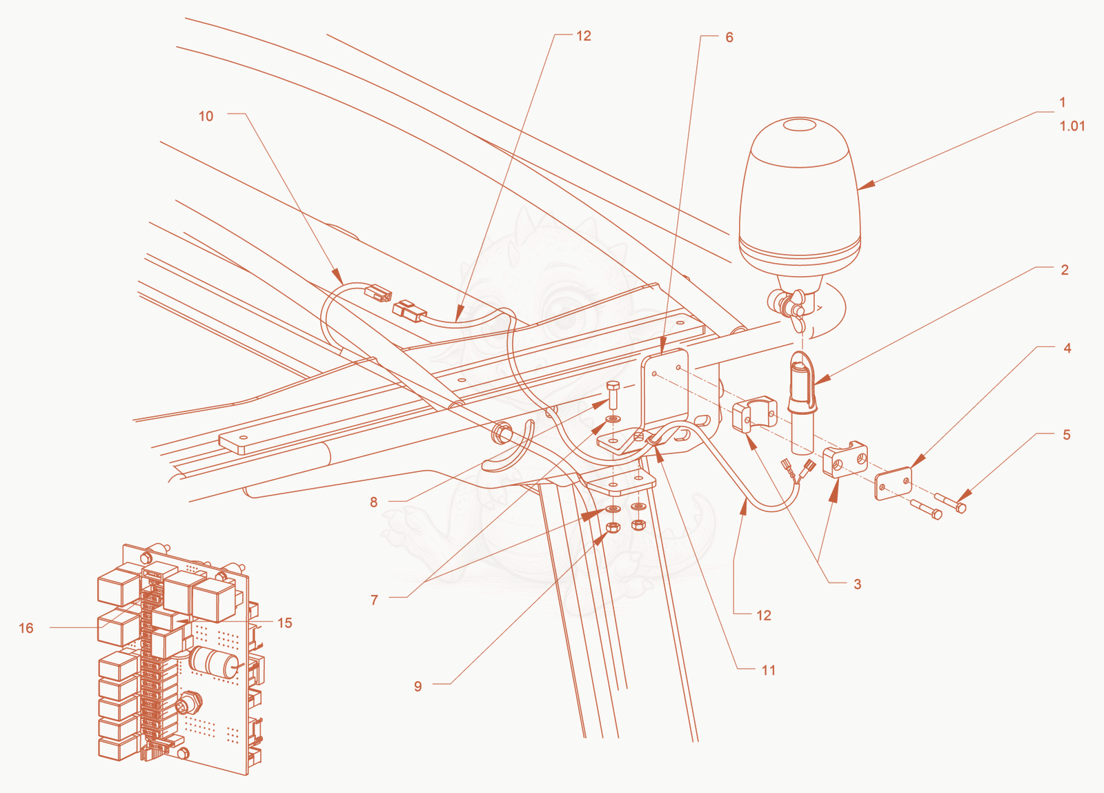 Exploded parts diagram of the Rotary Beacon of a Wacker Neuson RD45-140, with numbered balloons