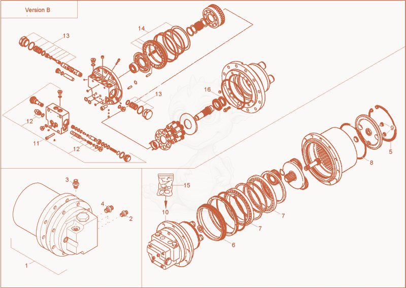 Exploded parts diagram of the TRAVELLING GEAR (MAG44) of a Wacker Neuson 75Z3, with numbered balloons