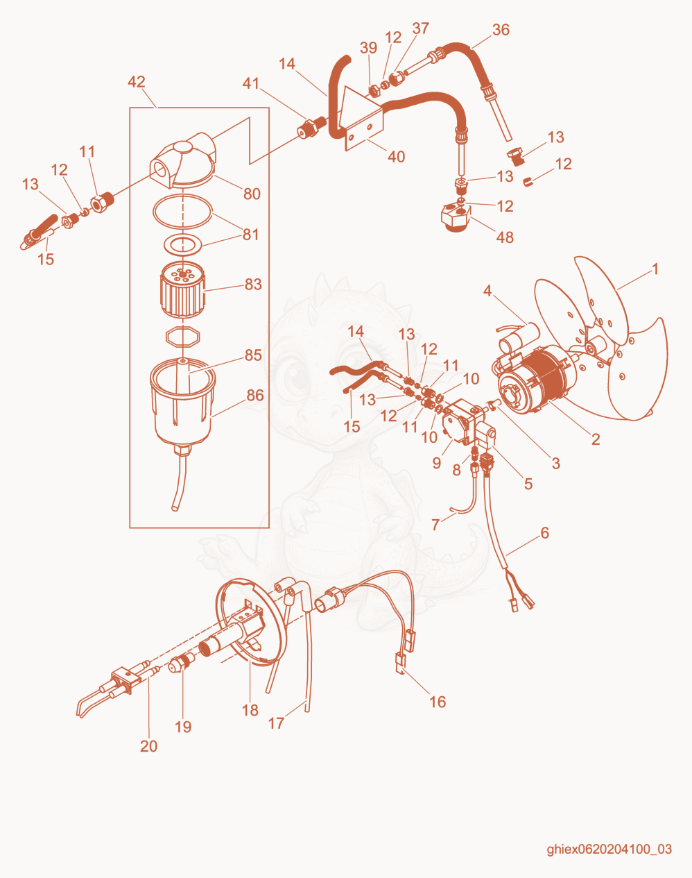 Exploded parts diagram of the Components of a Wacker Neuson CUB200, with numbered balloons