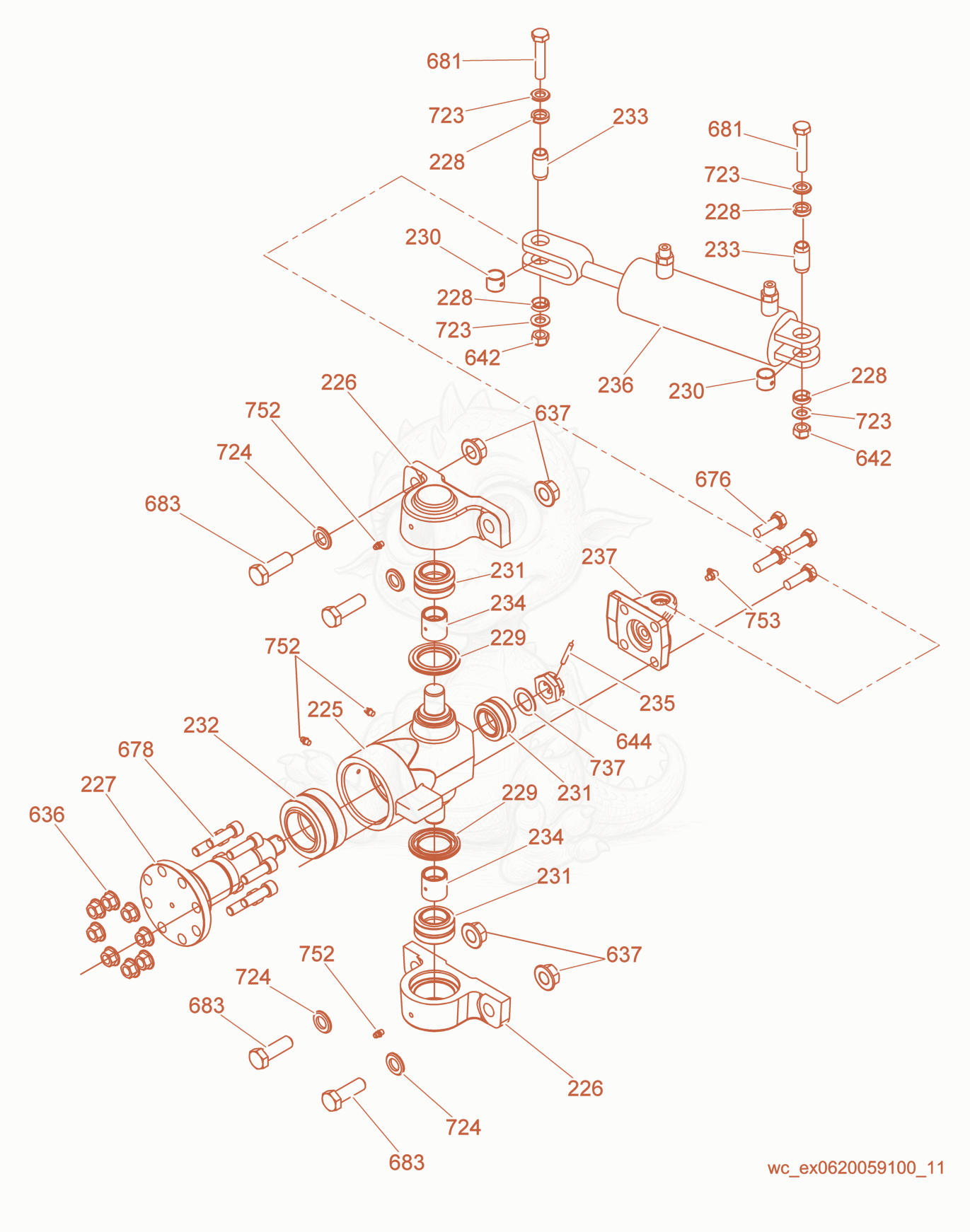 Exploded parts diagram of the Articulated Joint/Steering Cylinder of a Wacker Neuson RD16-90, with numbered balloons
