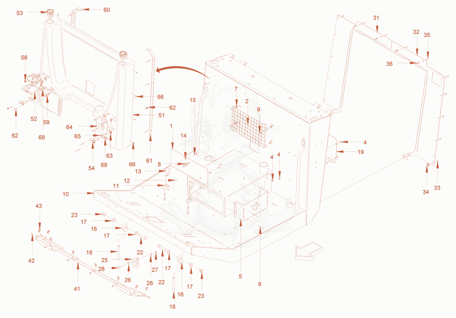 Exploded parts diagram of the driver's cabin of a Wacker Neuson RC70P, with numbered balloons