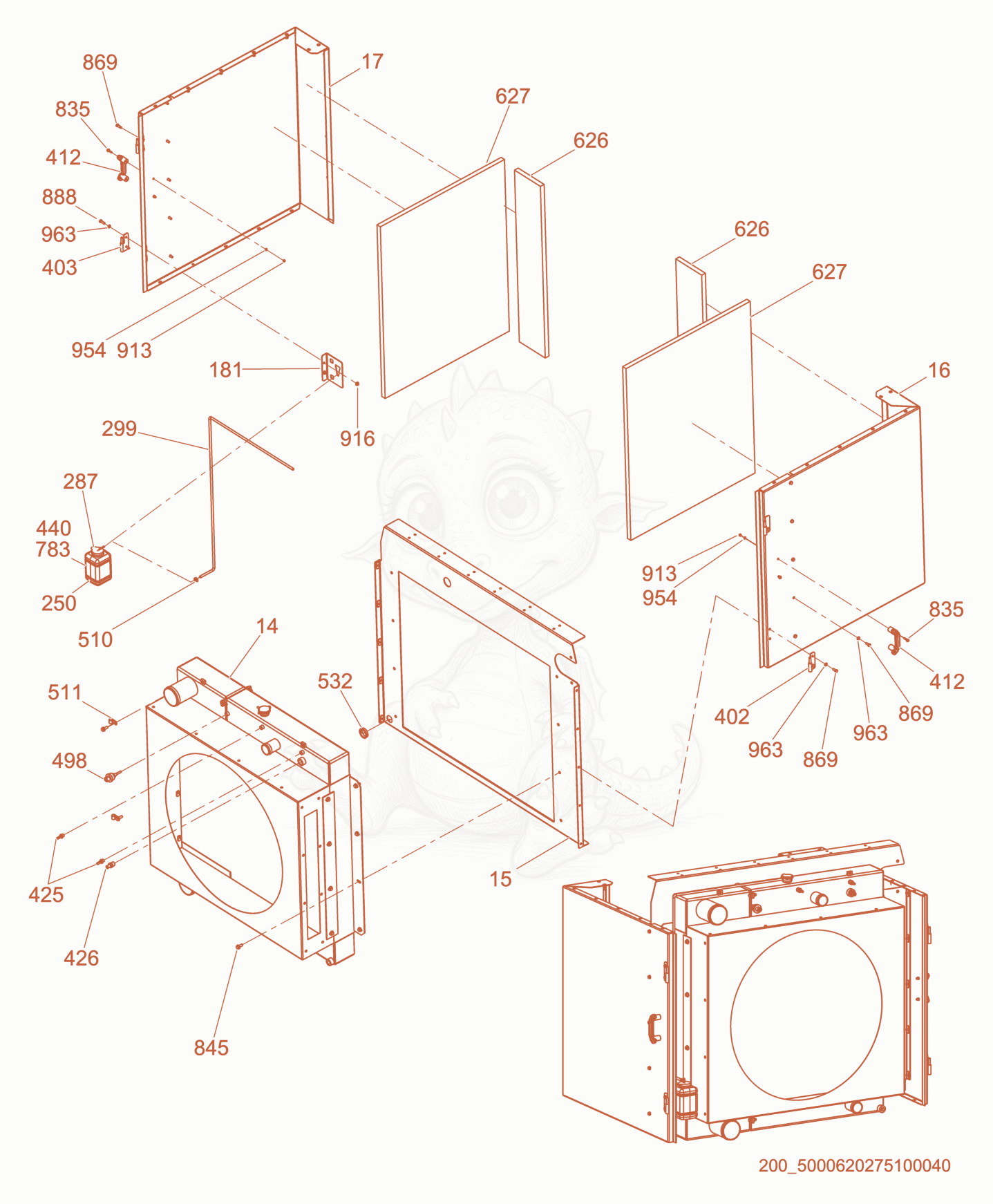 Exploded parts diagram of the Front Enclosure/Radiator of a Wacker Neuson G320, with numbered balloons