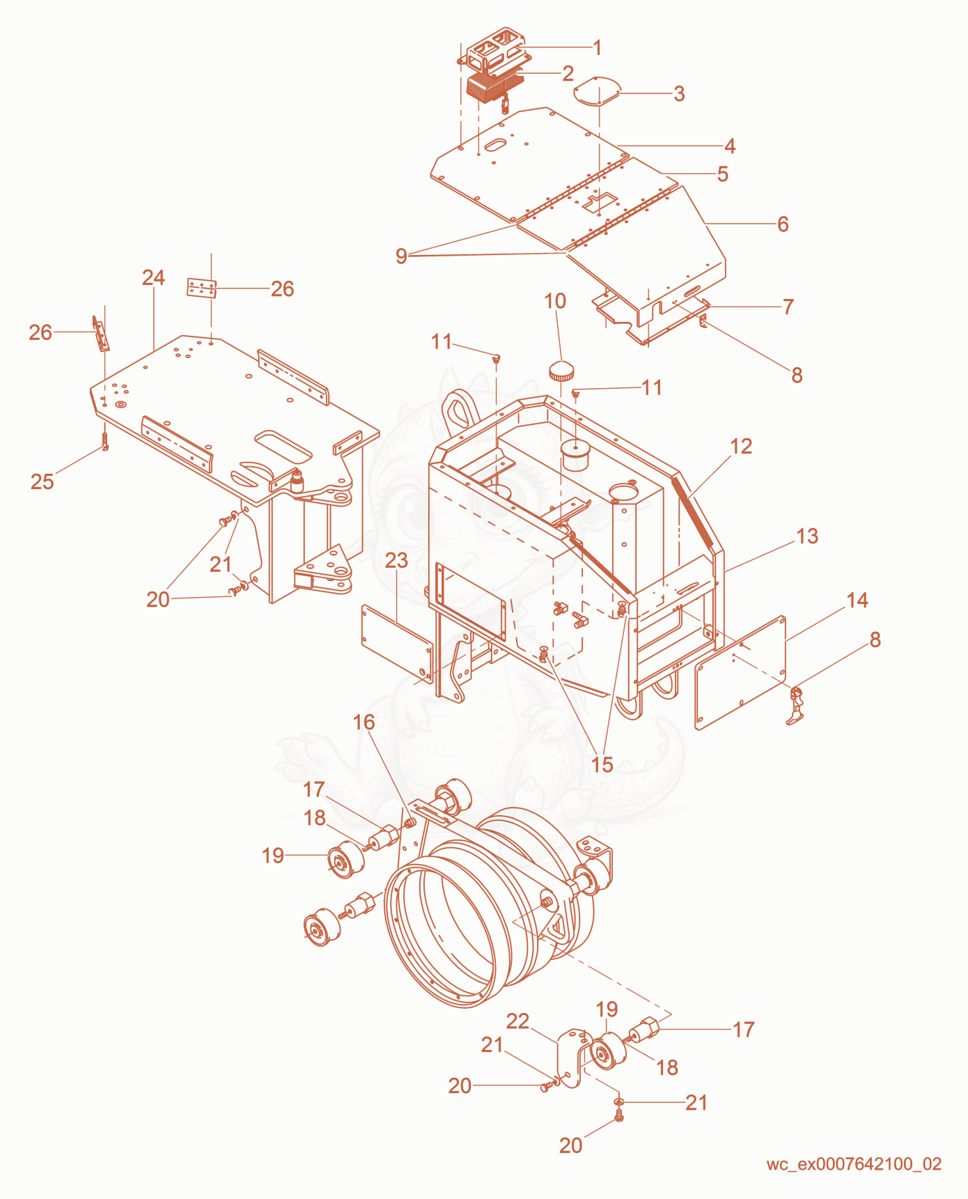Despiece del Rear Frame/Drums de una máquina Wacker Neuson RT820HT, con globos numerados