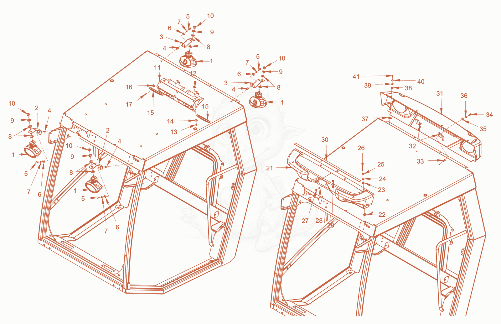 Exploded parts diagram of the driver's cabin of a Wacker Neuson RC110PUSROPS, with numbered balloons