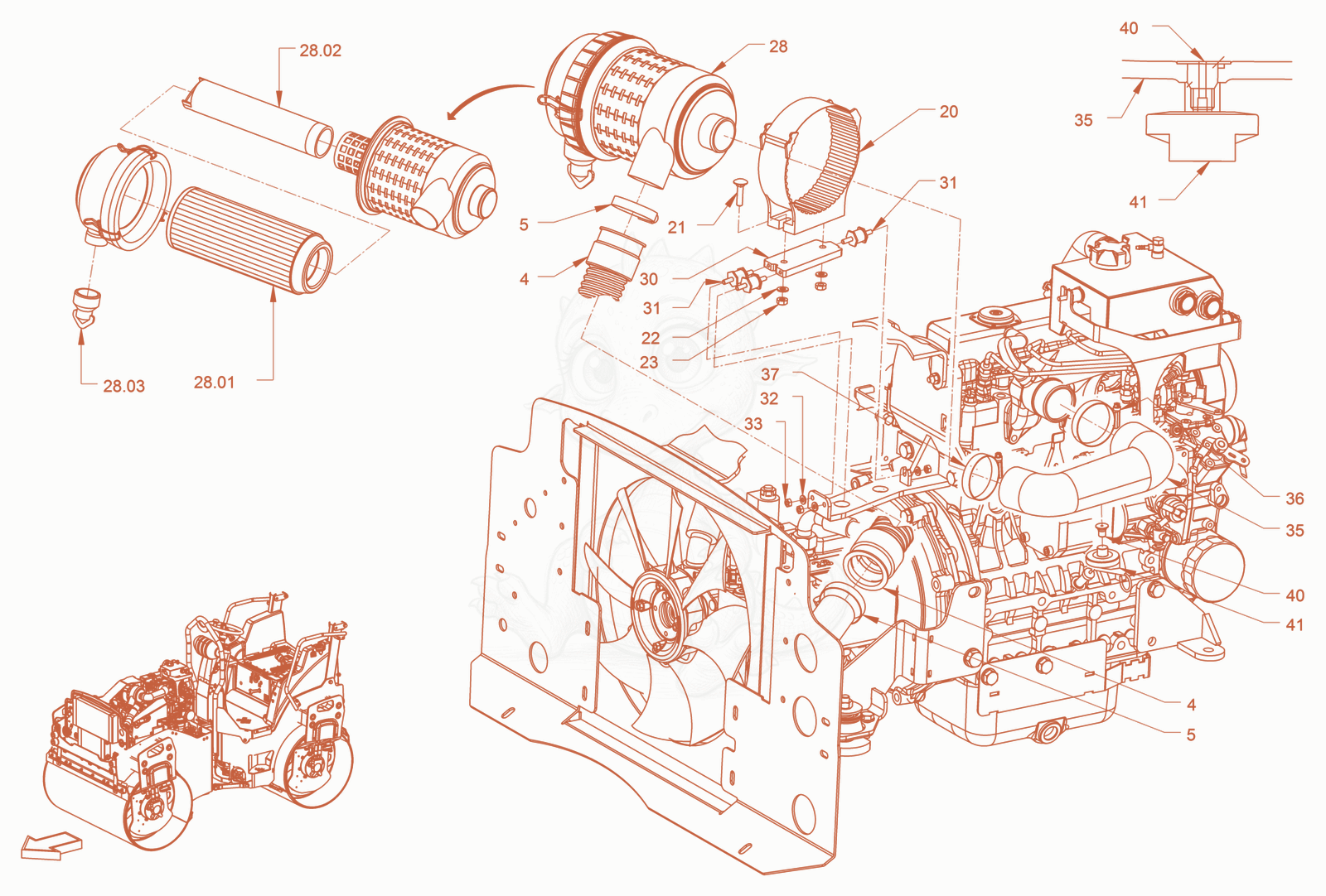 Exploded parts diagram of the air filter system of a Wacker Neuson RD24-100OUS, with numbered balloons